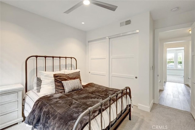 2393 Ocean St, Carlsbad, CA 92008 - bedroom featuring a closet, baseboards, light colored carpet, ceiling fan, and recessed lighting
