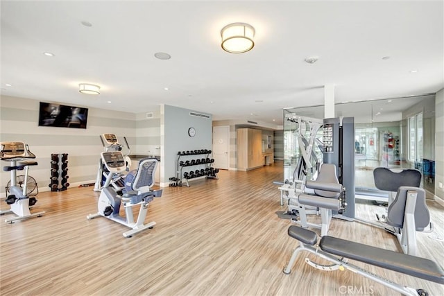 2393 Ocean St, Carlsbad, CA 92008 - workout area featuring light wood-style floors, baseboards, and recessed lighting