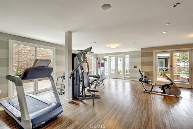 2393 Ocean St, Carlsbad, CA 92008 - workout area featuring french doors, wood finished floors, baseboards, and recessed lighting