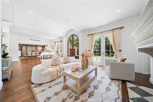 325 W Bellevue Dr, Pasadena, CA 91105 - living room featuring french doors, recessed lighting, wood finished floors, ornamental molding, and a fireplace with raised hearth
