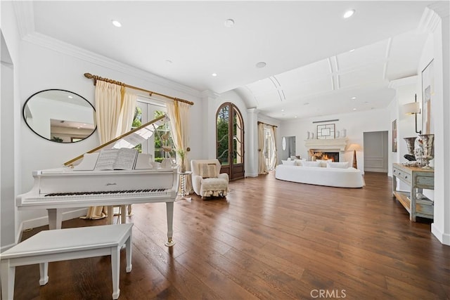 325 W Bellevue Dr, Pasadena, CA 91105 - bedroom with hardwood / wood-style floors, a lit fireplace, ornamental molding, and recessed lighting