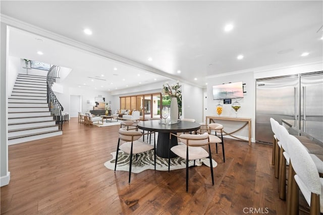 325 W Bellevue Dr, Pasadena, CA 91105 - dining area with crown molding, stairway, recessed lighting, and wood finished floors