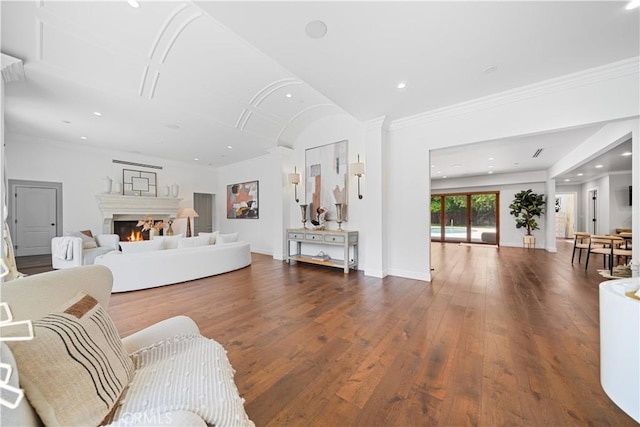 325 W Bellevue Dr, Pasadena, CA 91105 - living room featuring hardwood / wood-style flooring, a lit fireplace, crown molding, and recessed lighting