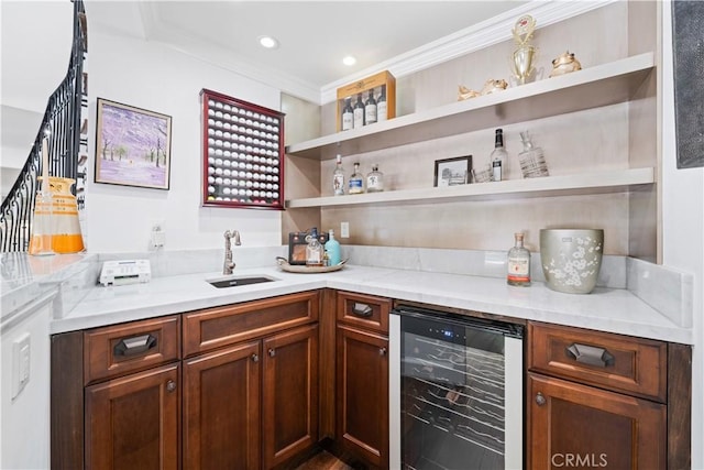 325 W Bellevue Dr, Pasadena, CA 91105 - indoor wet bar with wine cooler, ornamental molding, and recessed lighting