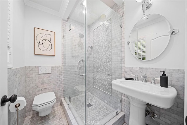 325 W Bellevue Dr, Pasadena, CA 91105 - bathroom with tile walls, a stall shower, ornamental molding, wainscoting, and tile patterned flooring