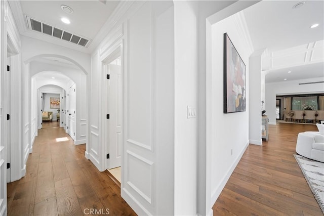 325 W Bellevue Dr, Pasadena, CA 91105 - hall featuring wood-type flooring, arched walkways, crown molding, and recessed lighting