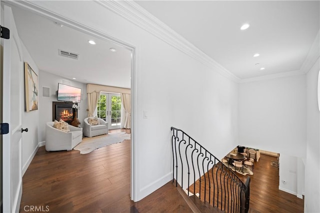 325 W Bellevue Dr, Pasadena, CA 91105 - stairway with wood finished floors, ornamental molding, a glass covered fireplace, and recessed lighting