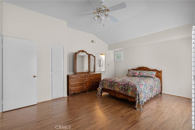 26320 Ivrea Pl, Valencia, CA 91355 - bedroom with wood finished floors, lofted ceiling, and ceiling fan