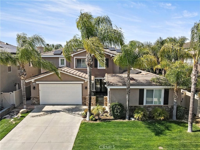 23556 Kathryn St, Murrieta, CA 92562 - view of front of house featuring stone siding, driveway, solar panels, and stucco siding
