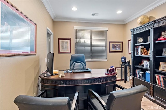 23556 Kathryn St, Murrieta, CA 92562 - office area featuring plenty of natural light, ornamental molding, and recessed lighting