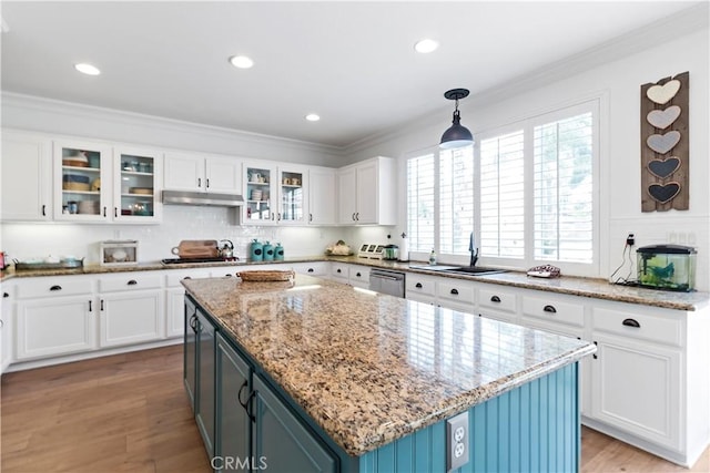 23556 Kathryn St, Murrieta, CA 92562 - kitchen with a sink, stainless steel dishwasher, ornamental molding, white cabinets, and light wood finished floors