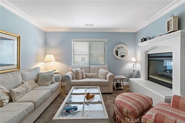 23556 Kathryn St, Murrieta, CA 92562 - carpeted living area with a glass covered fireplace, crown molding, healthy amount of natural light, and baseboards