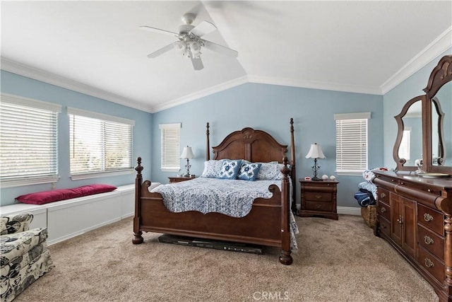 23556 Kathryn St, Murrieta, CA 92562 - carpeted bedroom with lofted ceiling, ornamental molding, a ceiling fan, and baseboards