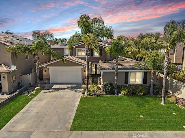 23556 Kathryn St, Murrieta, CA 92562 - view of front of property with stucco siding, concrete driveway, stone siding, solar panels, and a tile roof