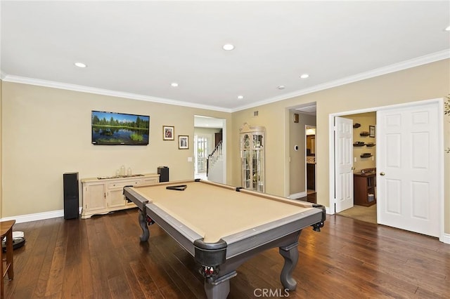 14160 Vai Brothers Dr, Rancho Cucamonga, CA 91739 - rec room with billiards, dark wood-style floors, crown molding, recessed lighting, and baseboards