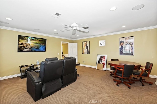 14160 Vai Brothers Dr, Rancho Cucamonga, CA 91739 - cinema room with carpet flooring, baseboards, recessed lighting, and crown molding