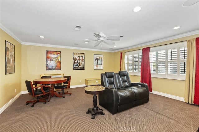 14160 Vai Brothers Dr, Rancho Cucamonga, CA 91739 - carpeted home theater featuring baseboards, ceiling fan, recessed lighting, and crown molding