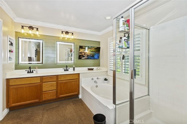 14160 Vai Brothers Dr, Rancho Cucamonga, CA 91739 - full bathroom with ornamental molding, a tile shower, a garden tub, and double vanity