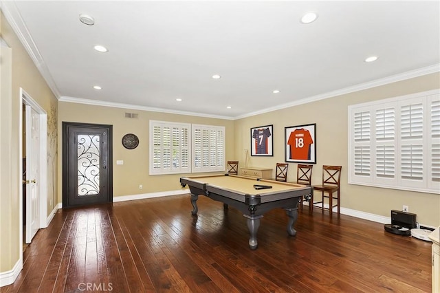 14160 Vai Brothers Dr, Rancho Cucamonga, CA 91739 - playroom with billiards, wood-type flooring, recessed lighting, baseboards, and crown molding