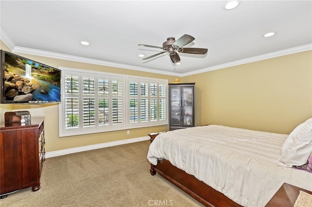 14160 Vai Brothers Dr, Rancho Cucamonga, CA 91739 - carpeted bedroom featuring baseboards, crown molding, recessed lighting, and a ceiling fan