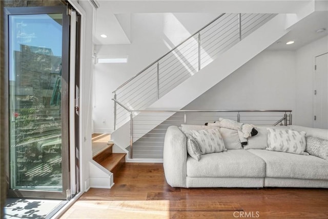 5823 Seahorse Ct, Playa Vista, CA 90094 - living room featuring wood finished floors, stairs, and recessed lighting