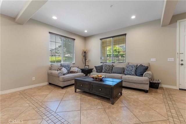 12178 Scenic Vw, Riverside, CA 92505 - living area featuring light tile patterned floors, baseboards, recessed lighting, and beam ceiling
