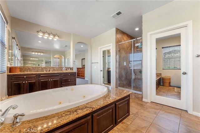 12178 Scenic Vw, Riverside, CA 92505 - full bath with a stall shower, a whirlpool tub, vanity, and tile patterned floors