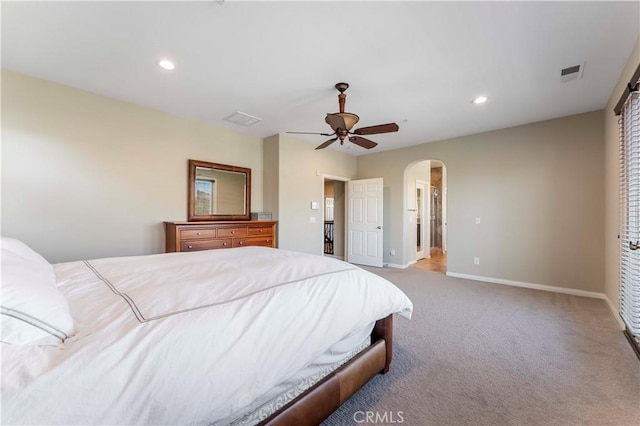 12178 Scenic Vw, Riverside, CA 92505 - carpeted bedroom featuring arched walkways, baseboards, recessed lighting, and ceiling fan
