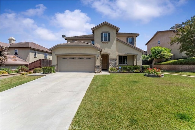 12178 Scenic Vw, Riverside, CA 92505 - mediterranean / spanish home with stucco siding, concrete driveway, a front lawn, stone siding, and an attached garage