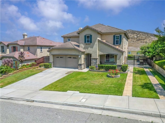 12178 Scenic Vw, Riverside, CA 92505 - view of front of property with stucco siding, an attached garage, concrete driveway, stone siding, and a tiled roof