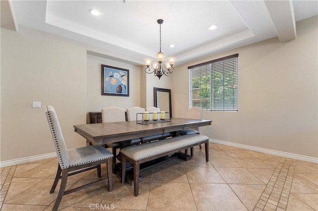 12178 Scenic Vw, Riverside, CA 92505 - dining room featuring a chandelier, a raised ceiling, recessed lighting, baseboards, and light tile patterned flooring