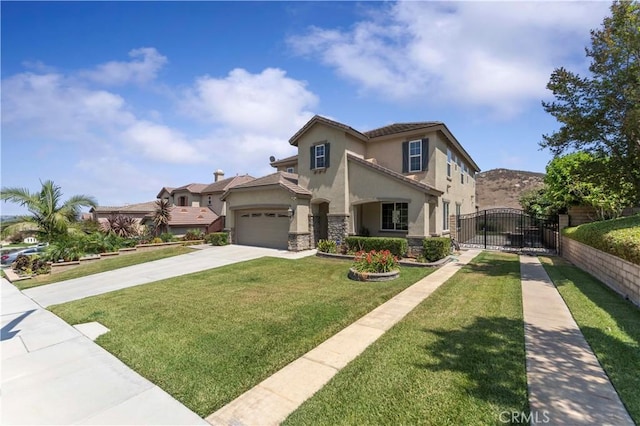 12178 Scenic Vw, Riverside, CA 92505 - mediterranean / spanish home with stucco siding, concrete driveway, stone siding, a gate, and a garage