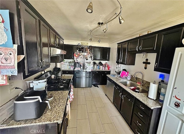 7534 Layton St, Rancho Cucamonga, CA 91730 - kitchen with stainless steel appliances, a sink, under cabinet range hood, light stone countertops, and ornamental molding