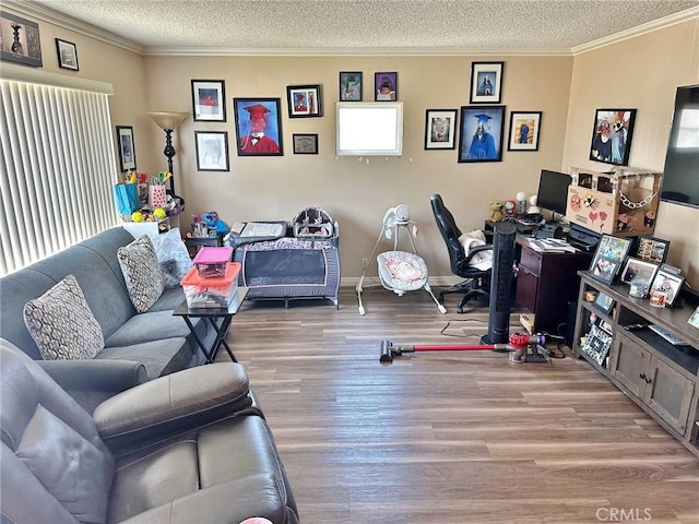 7534 Layton St, Rancho Cucamonga, CA 91730 - home office featuring wood finished floors, a textured ceiling, ornamental molding, and baseboards