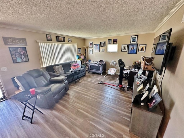 7534 Layton St, Rancho Cucamonga, CA 91730 - living room with a textured ceiling, ornamental molding, wood finished floors, and healthy amount of natural light