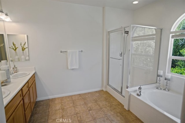 27045 Fairway Ln, Valencia, CA 91381 - bathroom featuring double vanity, a shower stall, a bath, and healthy amount of natural light
