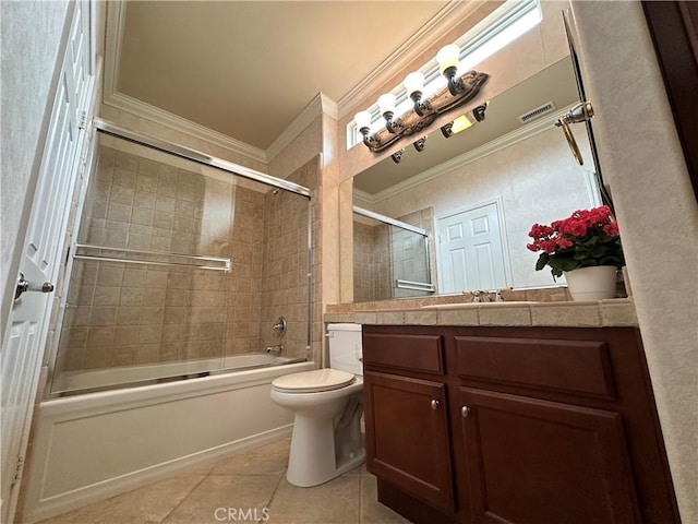24212 Nobe St, Corona, CA 92883 - full bath featuring crown molding, tile patterned floors, vanity, bath / shower combo with glass door, and toilet