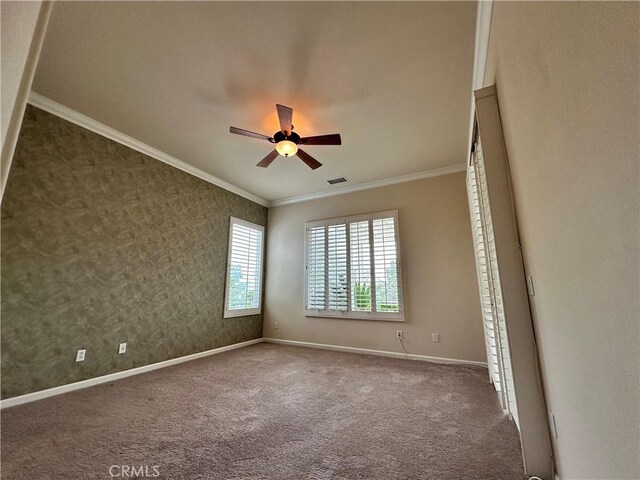 24212 Nobe St, Corona, CA 92883 - unfurnished room featuring ornamental molding, ceiling fan, baseboards, and carpet floors