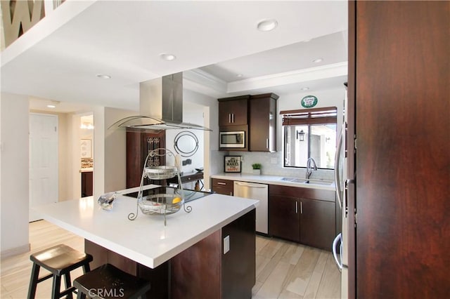 40425 Pebble Beach Cir, Palm Desert, CA 92211 - kitchen with appliances with stainless steel finishes, island range hood, a sink, a raised ceiling, and light countertops