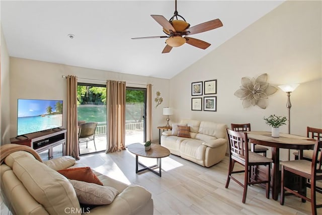 40425 Pebble Beach Cir, Palm Desert, CA 92211 - living area featuring light wood-style floors, ceiling fan, and high vaulted ceiling