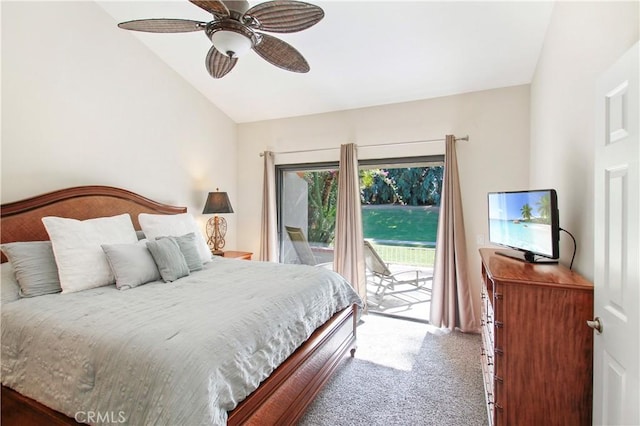 40425 Pebble Beach Cir, Palm Desert, CA 92211 - carpeted bedroom featuring access to outside, vaulted ceiling, and ceiling fan