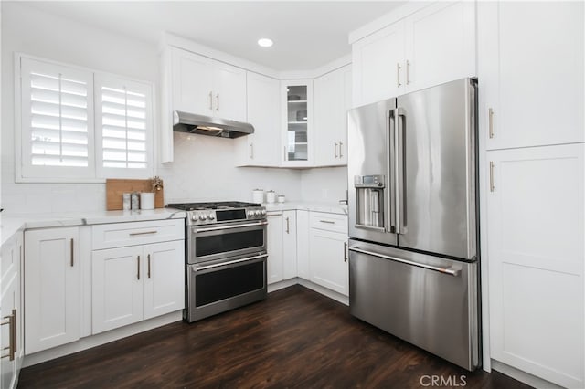 1617 S Beverly Glen Blvd Unit 301, Los Angeles, CA 90024 - kitchen featuring appliances with stainless steel finishes, under cabinet range hood, white cabinets, glass insert cabinets, and light stone counters