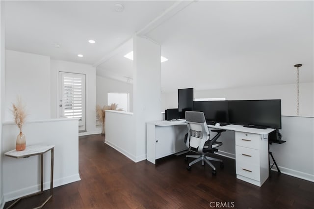 1617 S Beverly Glen Blvd Unit 301, Los Angeles, CA 90024 - office space with vaulted ceiling, dark wood-style flooring, baseboards, and recessed lighting