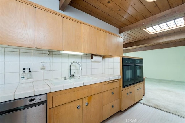 1560 Sheridan, Glendale, CA 91206 - kitchen featuring stainless steel dishwasher, oven, wooden ceiling with exposed beams, a sink, and tile counters