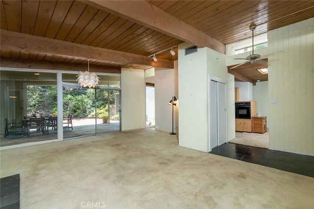 1560 Sheridan, Glendale, CA 91206 - unfurnished living room featuring wooden ceiling with exposed beams, carpet flooring, and ceiling fan