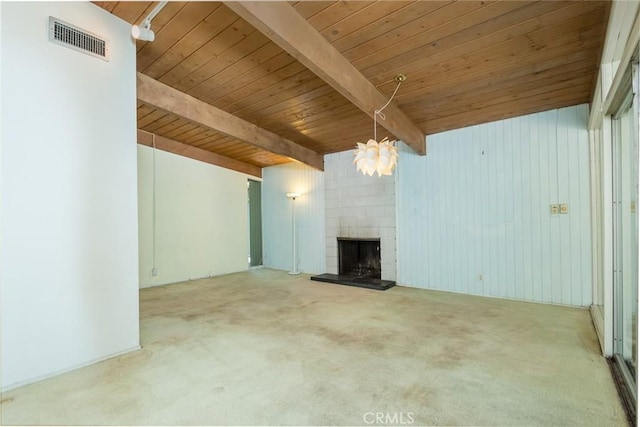 1560 Sheridan, Glendale, CA 91206 - unfurnished living room featuring carpet floors, wooden ceiling with exposed beams, and a large fireplace