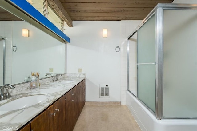 1560 Sheridan, Glendale, CA 91206 - bathroom featuring wood ceiling, double vanity, concrete flooring, and bath / shower combo with glass door