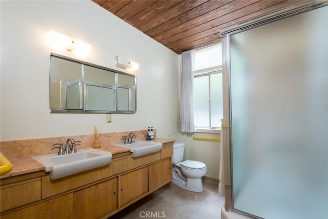 1560 Sheridan, Glendale, CA 91206 - full bath with wooden ceiling, a stall shower, double vanity, toilet, and concrete flooring