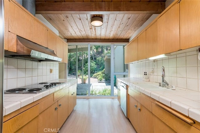 1560 Sheridan, Glendale, CA 91206 - kitchen featuring appliances with stainless steel finishes, light wood-style flooring, tasteful backsplash, tile counters, and wood ceiling with exposed beams