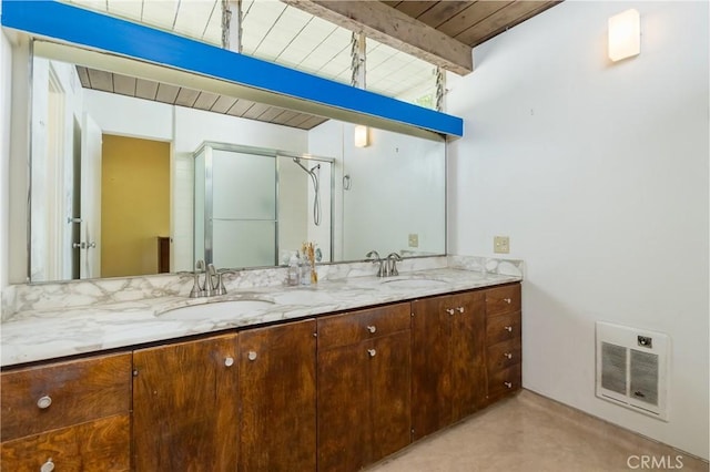 1560 Sheridan, Glendale, CA 91206 - bathroom with double vanity, a shower stall, heating unit, concrete floors, and wooden ceiling with exposed beams